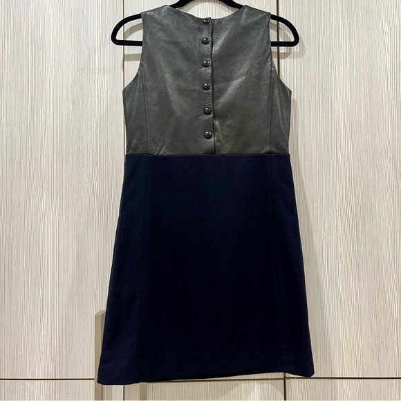 SANDRO | Sleeveless Leather Sheath Midi Dress |β Two Tone Black/Navy | Small - Picture 2 of 16